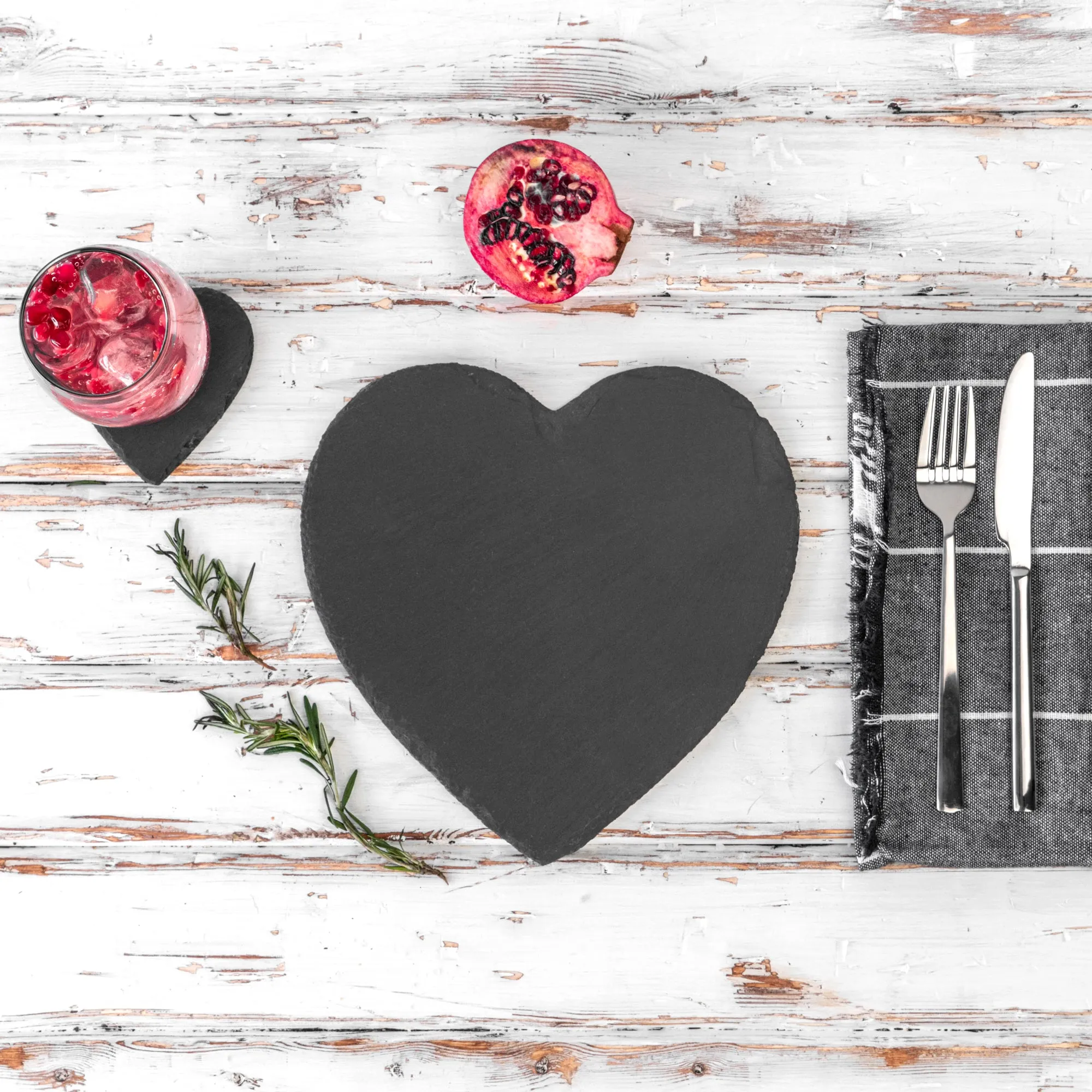 12pc Black Heart Slate Placemat & Coaster Sets - By Argon Tableware