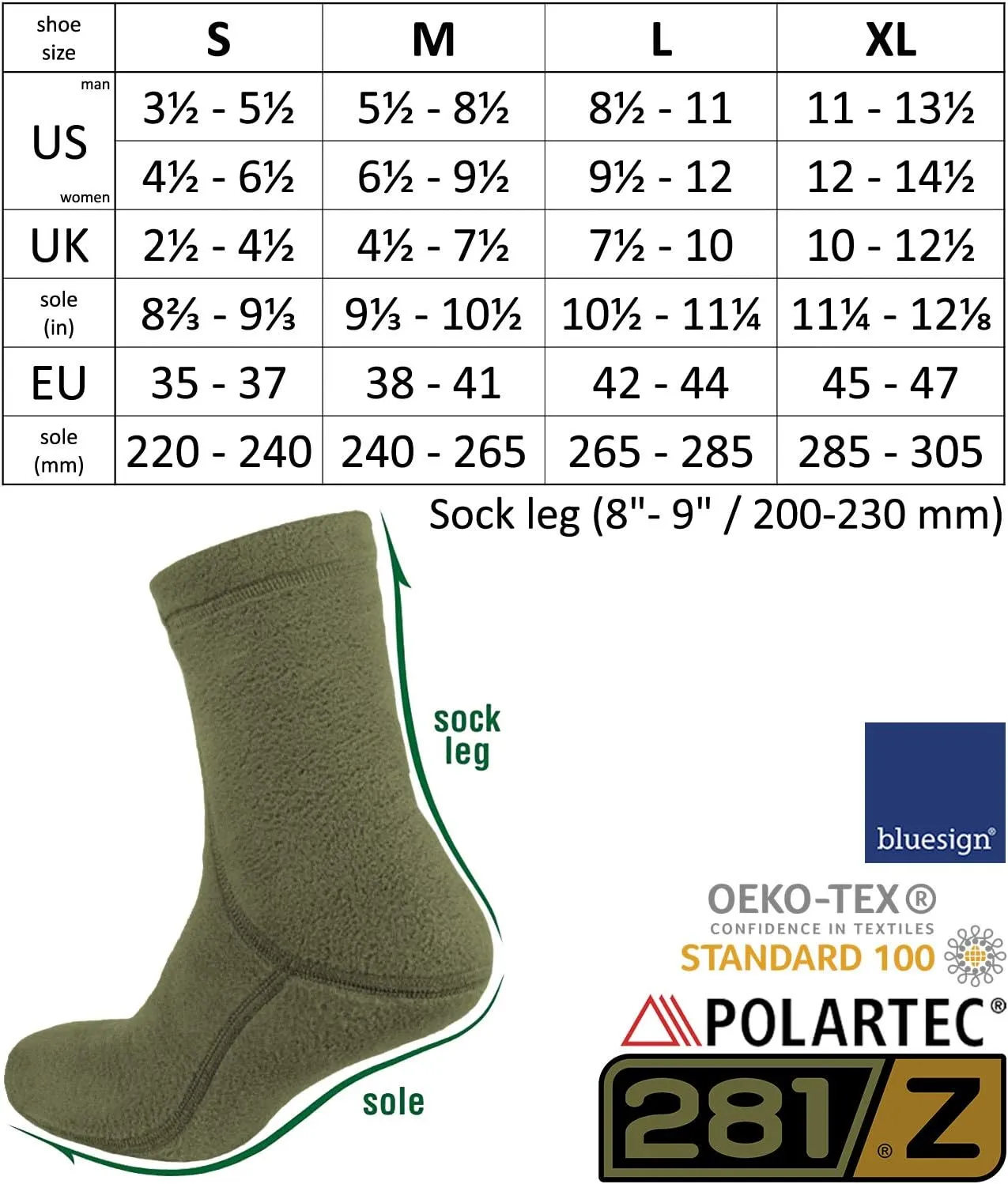 281Z Military Warm 8 inch Boot Liner Socks - Outdoor Tactical Hiking Sport - Polartec Fleece Winter Socks