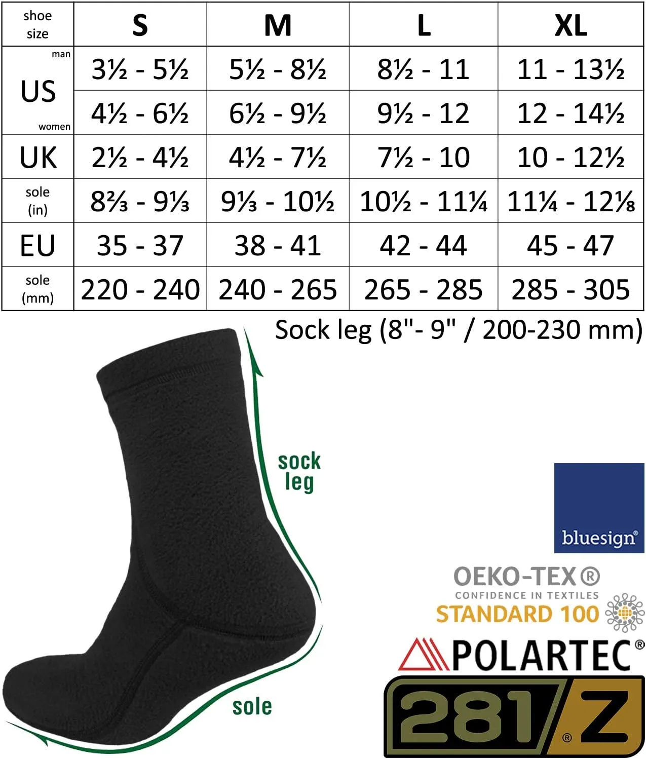 281Z Outdoor Warm 8 inch Boot Liner Socks - Military Tactical Hiking Sport - Polartec Fleece Winter Socks