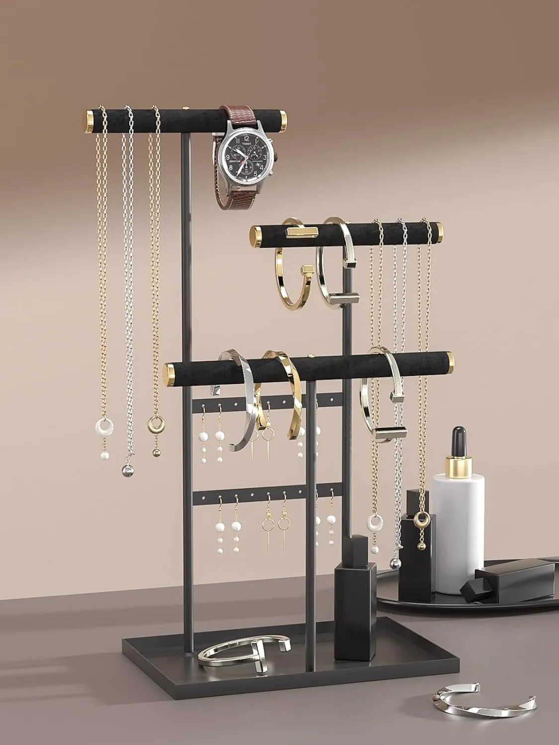 3-Tier Jewelry Holder, Jewelry Organizer, Jewelry Display Stand with Velvet Crossbar and Metal Frame,Necklace Earring Bracelet Display Holder for Women (Black)