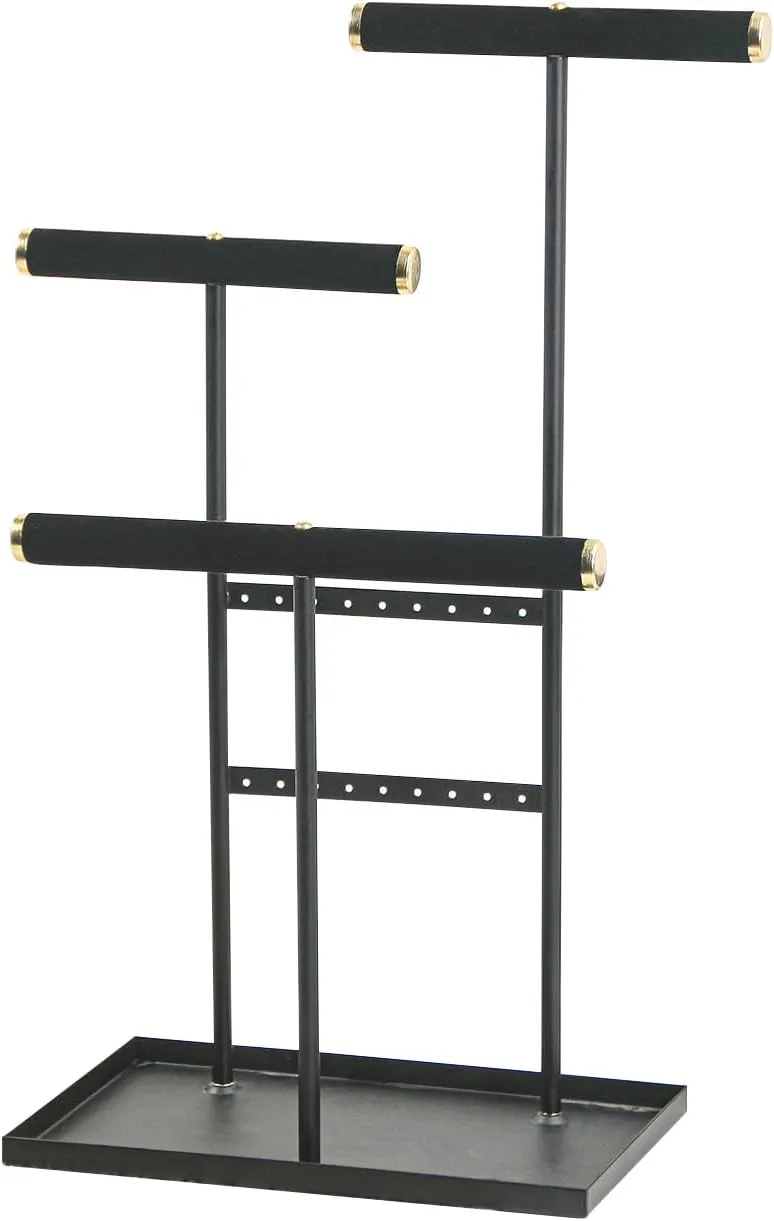 3-Tier Jewelry Holder, Jewelry Organizer, Jewelry Display Stand with Velvet Crossbar and Metal Frame,Necklace Earring Bracelet Display Holder for Women (Black)