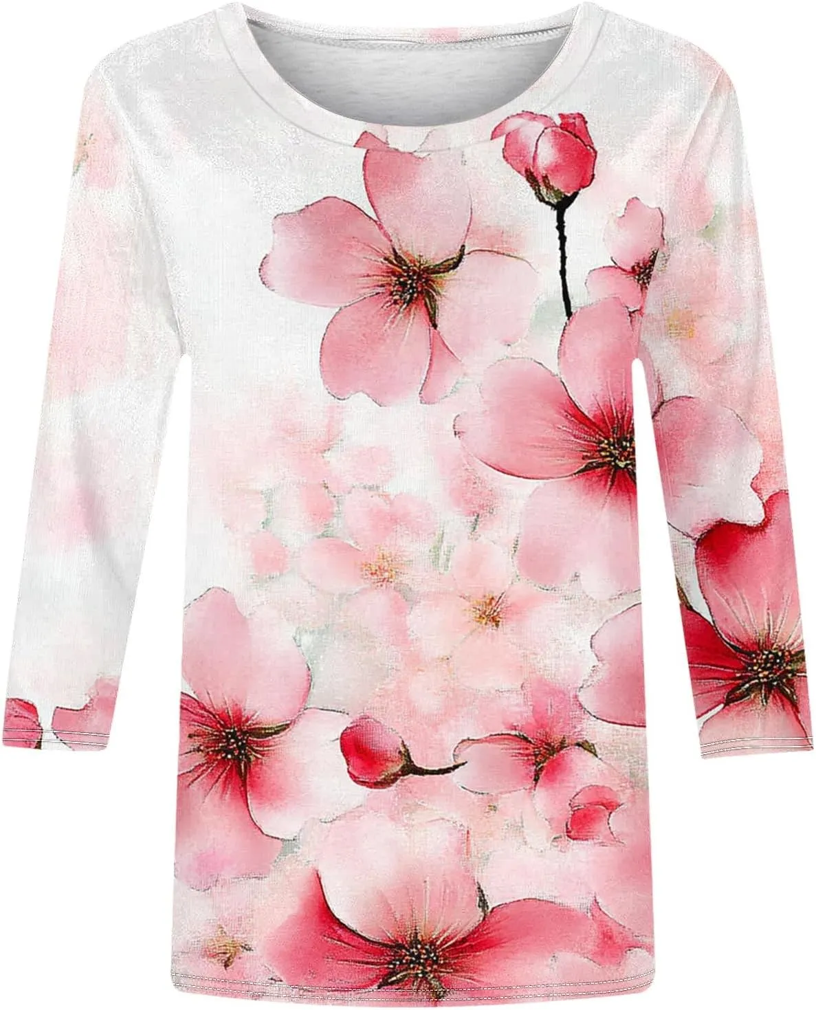 3/4 Length Sleeve Womens Floral T Shirts Summer Crewneck Boho Tops Cute Dressy Tunic Loose Three Quarter Sleeves Tees