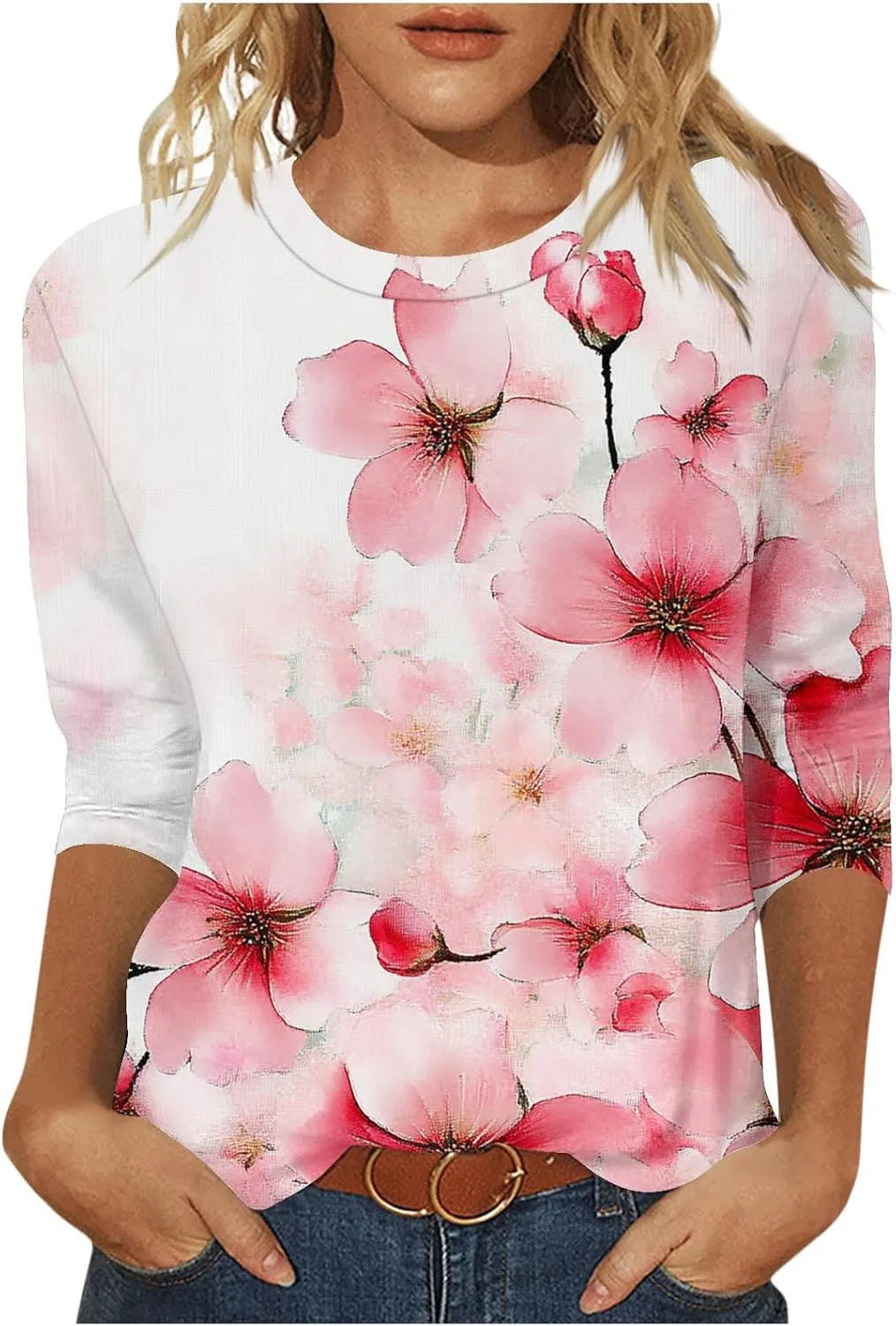 3/4 Length Sleeve Womens Floral T Shirts Summer Crewneck Boho Tops Cute Dressy Tunic Loose Three Quarter Sleeves Tees