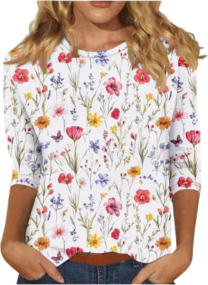 3/4 Sleeve Tops for Women Fashion Floral Print Graphic Tees Loose Fit Pullover Dressy Casual Crewneck Tunic Blouse