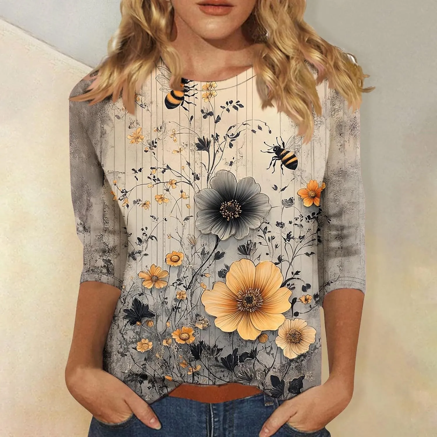 3/4 Sleeve Tops for Women Fashion Floral Print Graphic Tees Loose Fit Pullover Dressy Casual Crewneck Tunic Blouse