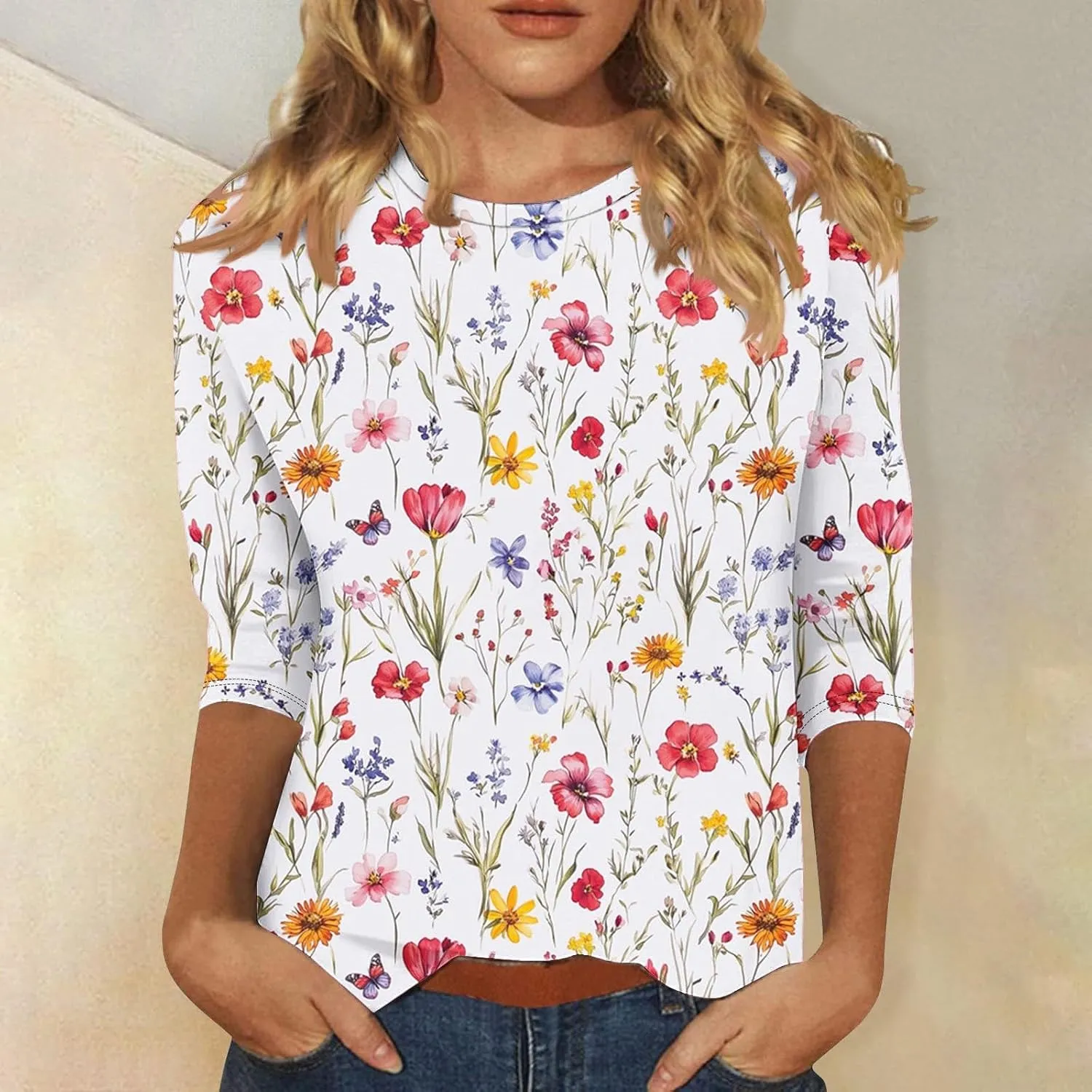 3/4 Sleeve Tops for Women Fashion Floral Print Graphic Tees Loose Fit Pullover Dressy Casual Crewneck Tunic Blouse