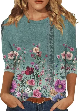 3/4 Sleeve Tops for Women Plus Size Summer Cute Shirts Floral Print 2025 Tops Crewneck Three Quarter Length Blouses