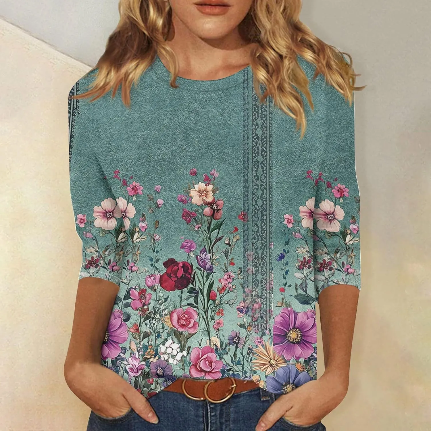 3/4 Sleeve Tops for Women Plus Size Summer Cute Shirts Floral Print 2025 Tops Crewneck Three Quarter Length Blouses