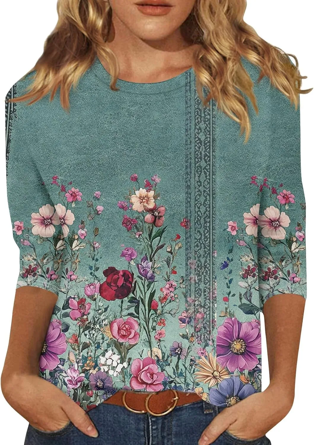 3/4 Sleeve Tops for Women Plus Size Summer Cute Shirts Floral Print 2025 Tops Crewneck Three Quarter Length Blouses