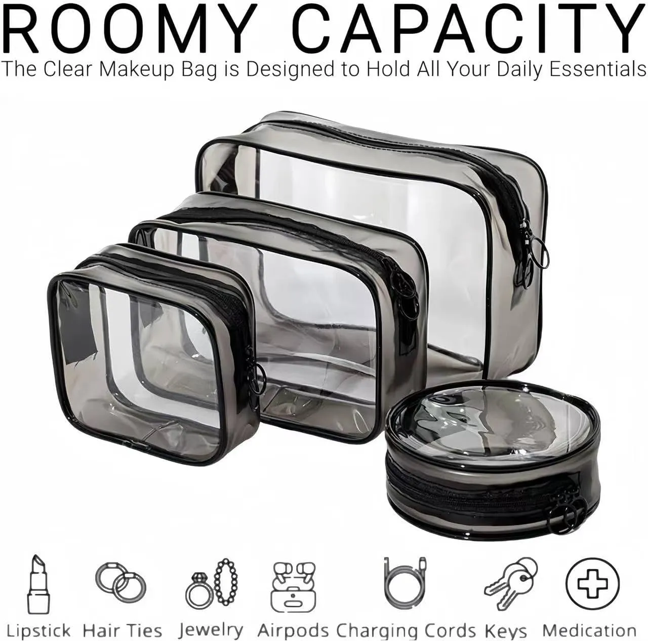 4PCs Clear Makeup Bag Set, Travel Cosmetic Zipper Pouch for Women, Transparent Makeup Organizer Storage Case Small Pouch for Make Up Brushes, Clear Travel Toiletry Bags for Girls with Zipper (White)