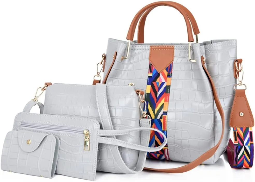 4Pcs Handbags and Purses for Women Tote Bags Top Handle Handbag Satchel Crossbody Shoulder Bag Wristlets Wallet Set, Gray