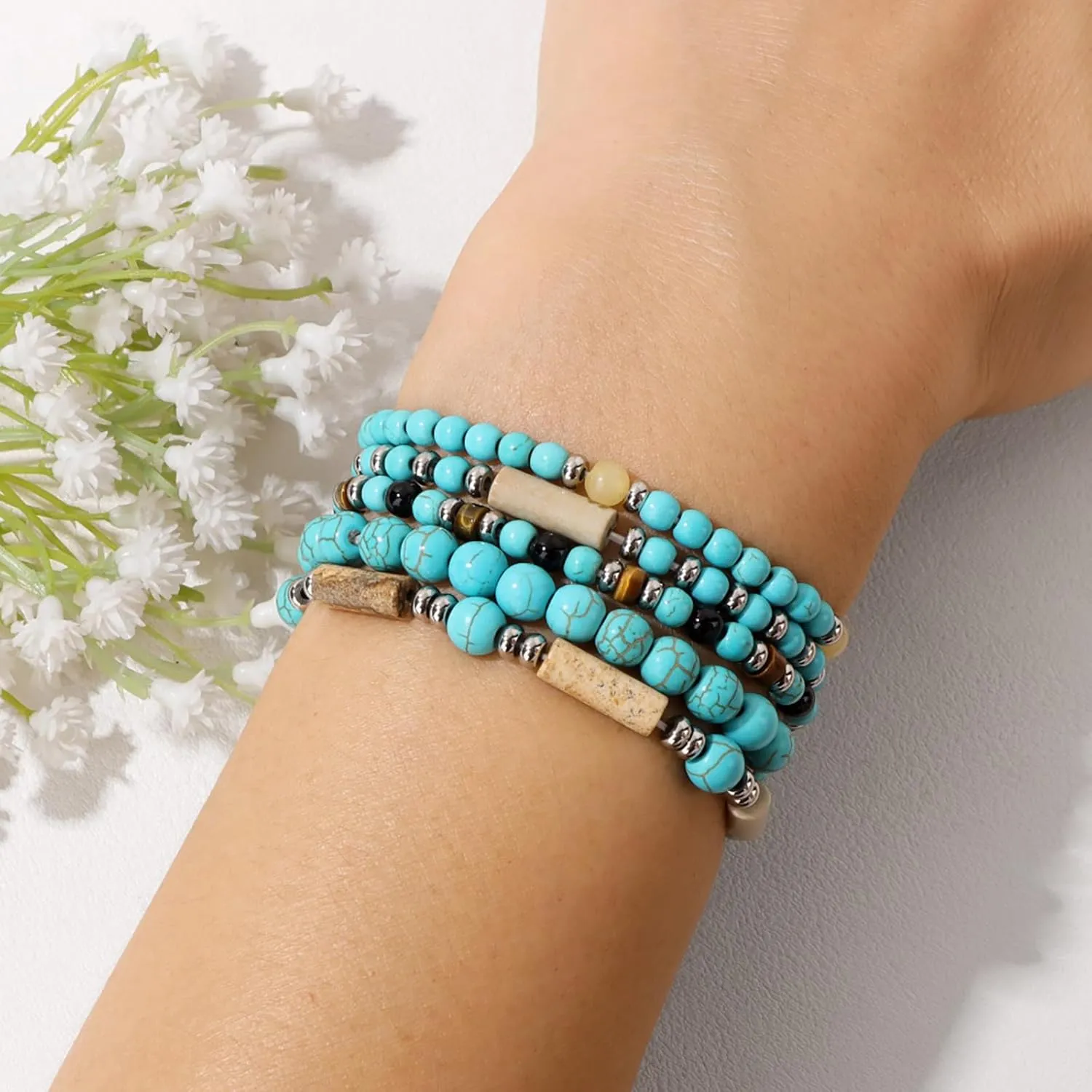 5Pcs Amazonite Bracelet for Women 4mm Stackable Amazonite Beaded Bracelets Adjustable Crystal Bracelets Set Small Beaded Bracelets Stone Bracelets Amazonite Jewelry for Women