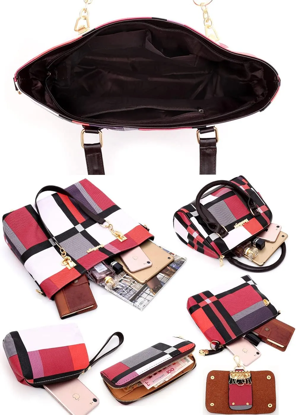 6pcs Totes Purses and Handbags Set for Women PU Leather Shoulder Bags Satchel Clutch Wallet (Upgrade fabric)
