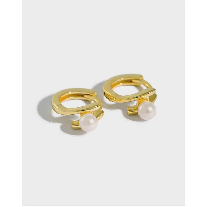 925 sterling silver jewelry women minimalist sterling silver pearl hoop earrings jewelry (gold)