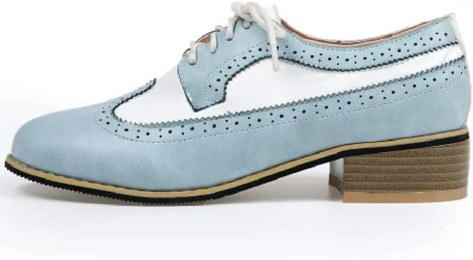 AIMODOR Womens Wingtip Oxford Stacked Heel Lace Up Round Toe Brogue Shoes