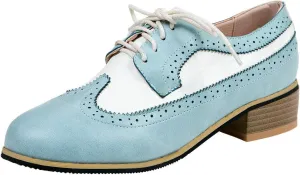 AIMODOR Womens Wingtip Oxford Stacked Heel Lace Up Round Toe Brogue Shoes