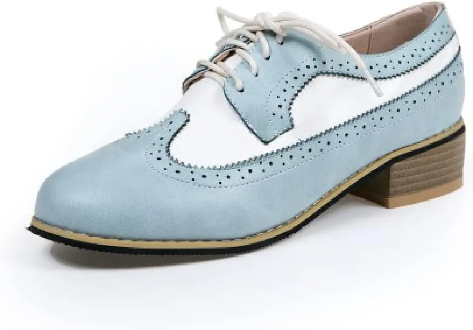 AIMODOR Womens Wingtip Oxford Stacked Heel Lace Up Round Toe Brogue Shoes