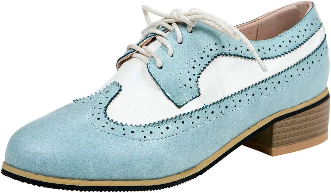 AIMODOR Womens Wingtip Oxford Stacked Heel Lace Up Round Toe Brogue Shoes