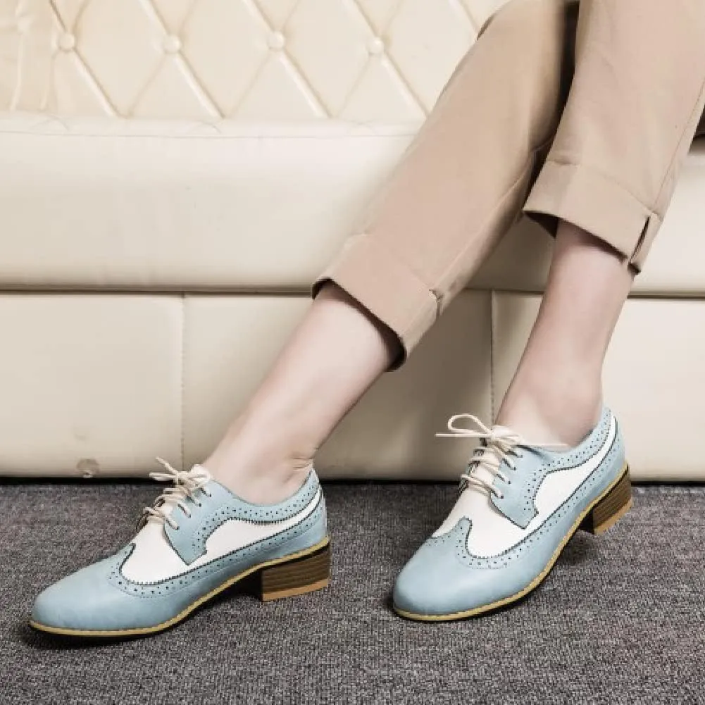 AIMODOR Womens Wingtip Oxford Stacked Heel Lace Up Round Toe Brogue Shoes