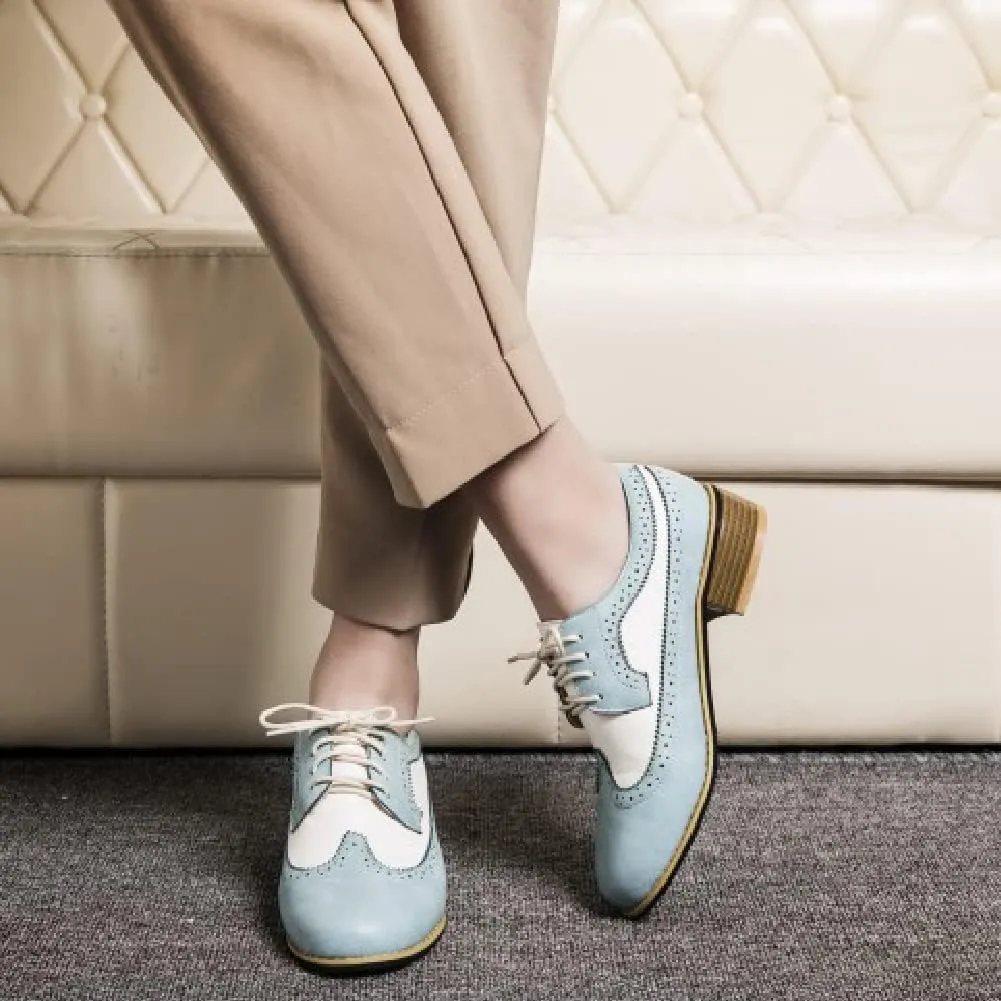 AIMODOR Womens Wingtip Oxford Stacked Heel Lace Up Round Toe Brogue Shoes