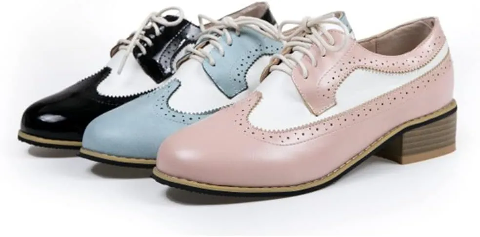 AIMODOR Womens Wingtip Oxford Stacked Heel Lace Up Round Toe Brogue Shoes