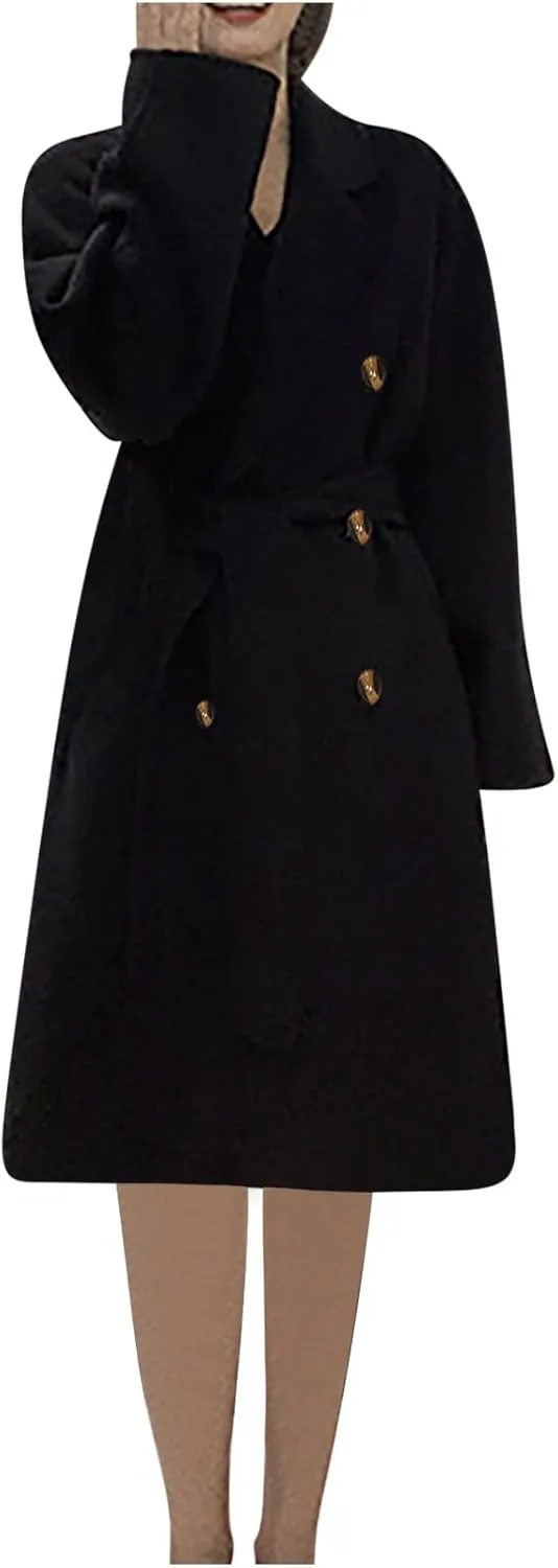 Akklian Women's Wool & Pea Coats Winter Thick Overcoat Knee-Length Waisted Wrap Coat Trendy Outwear Trench Coat with Pockets