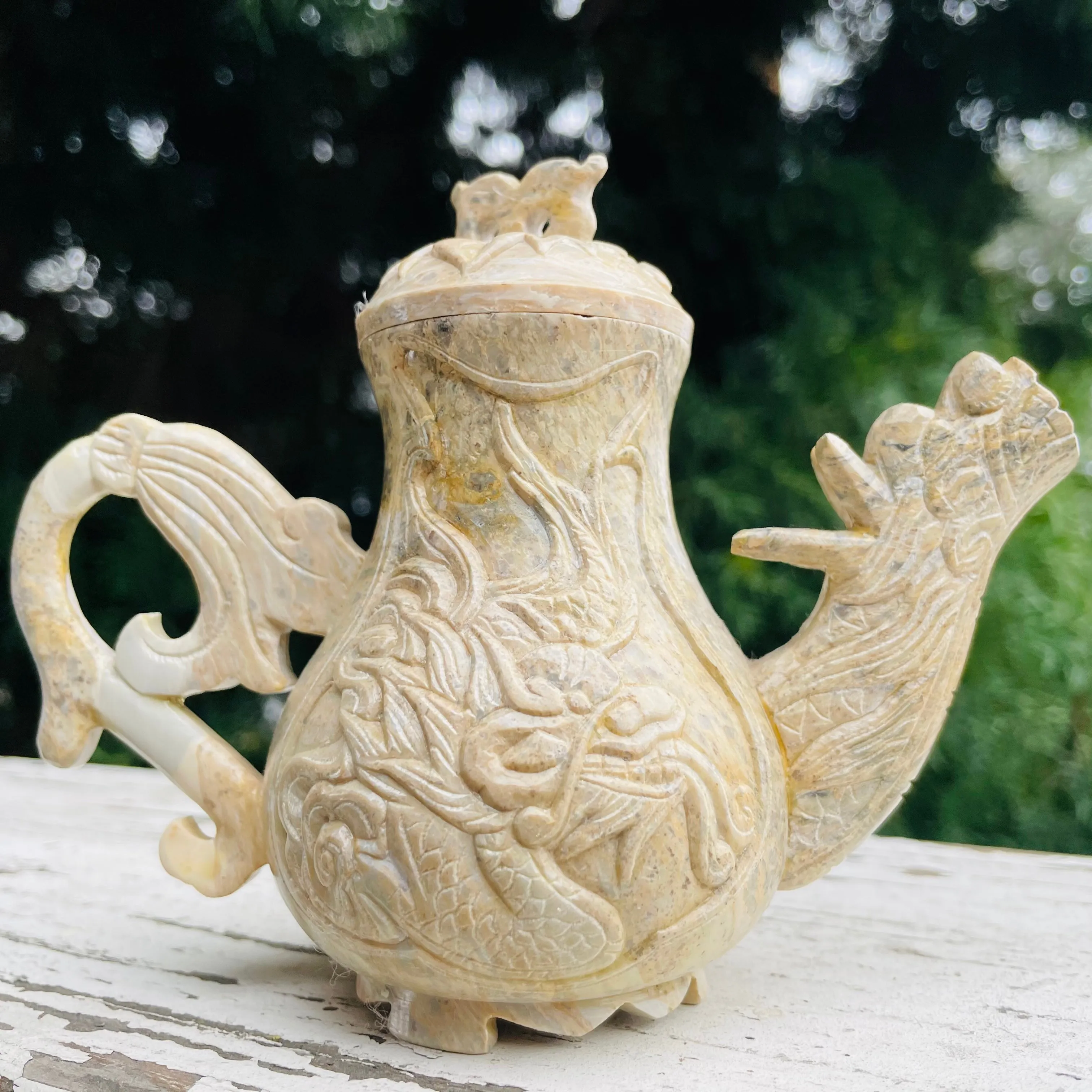 Antique Signed Asian Stone Carved Dragon Mythical Creature Teapot & Teacup Set