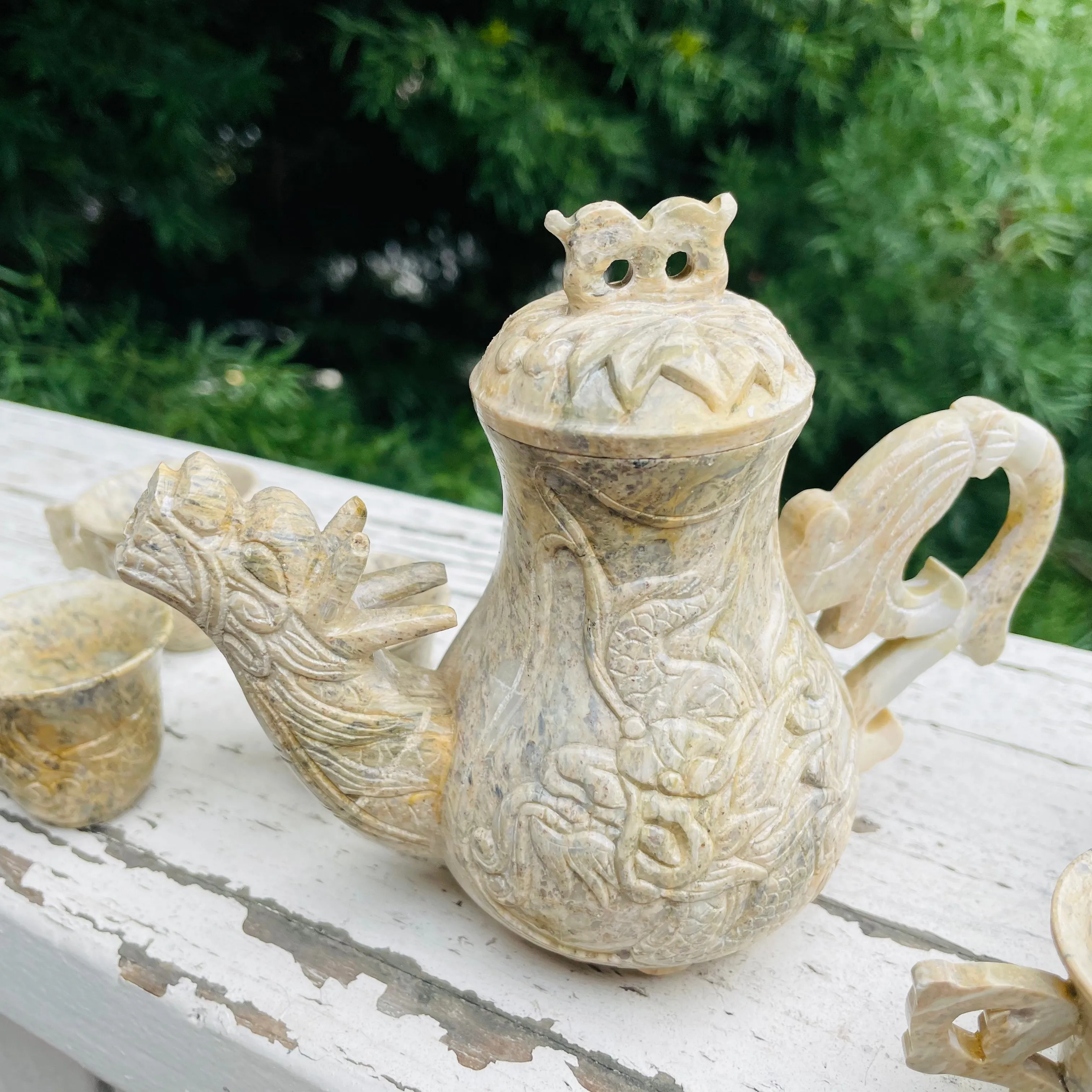 Antique Signed Asian Stone Carved Dragon Mythical Creature Teapot & Teacup Set