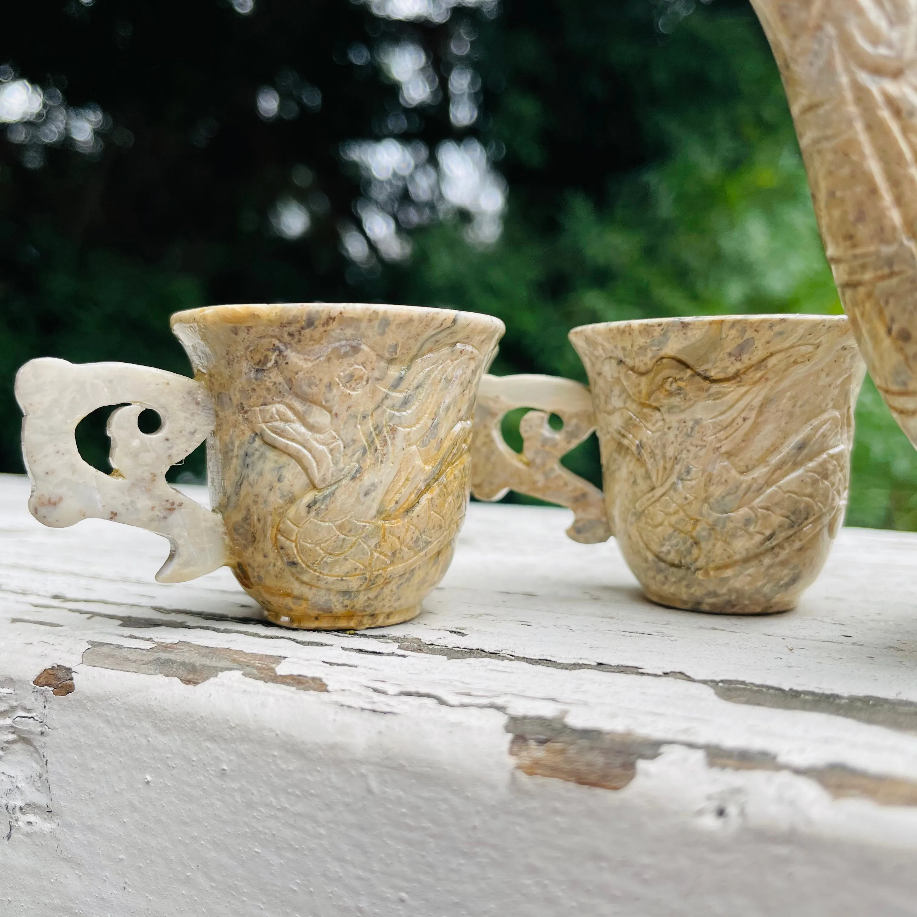 Antique Signed Asian Stone Carved Dragon Mythical Creature Teapot & Teacup Set
