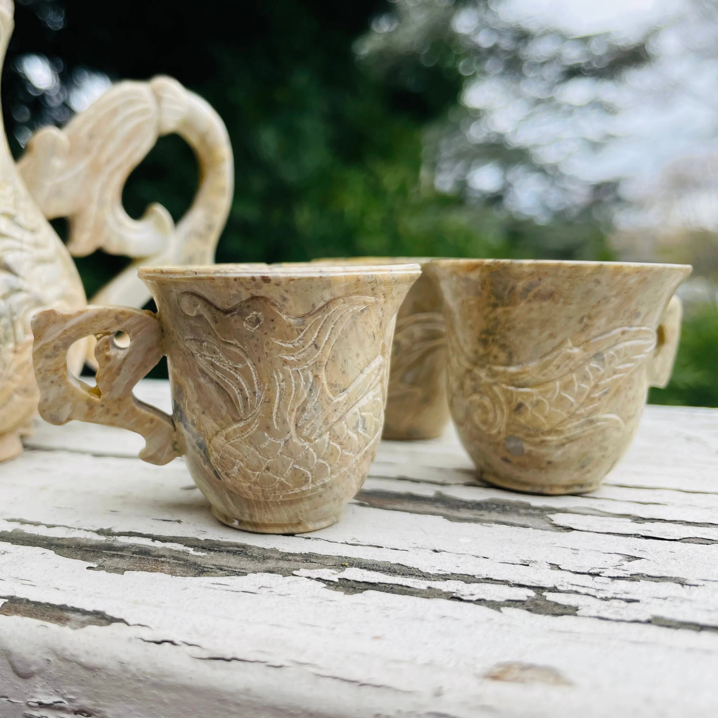 Antique Signed Asian Stone Carved Dragon Mythical Creature Teapot & Teacup Set