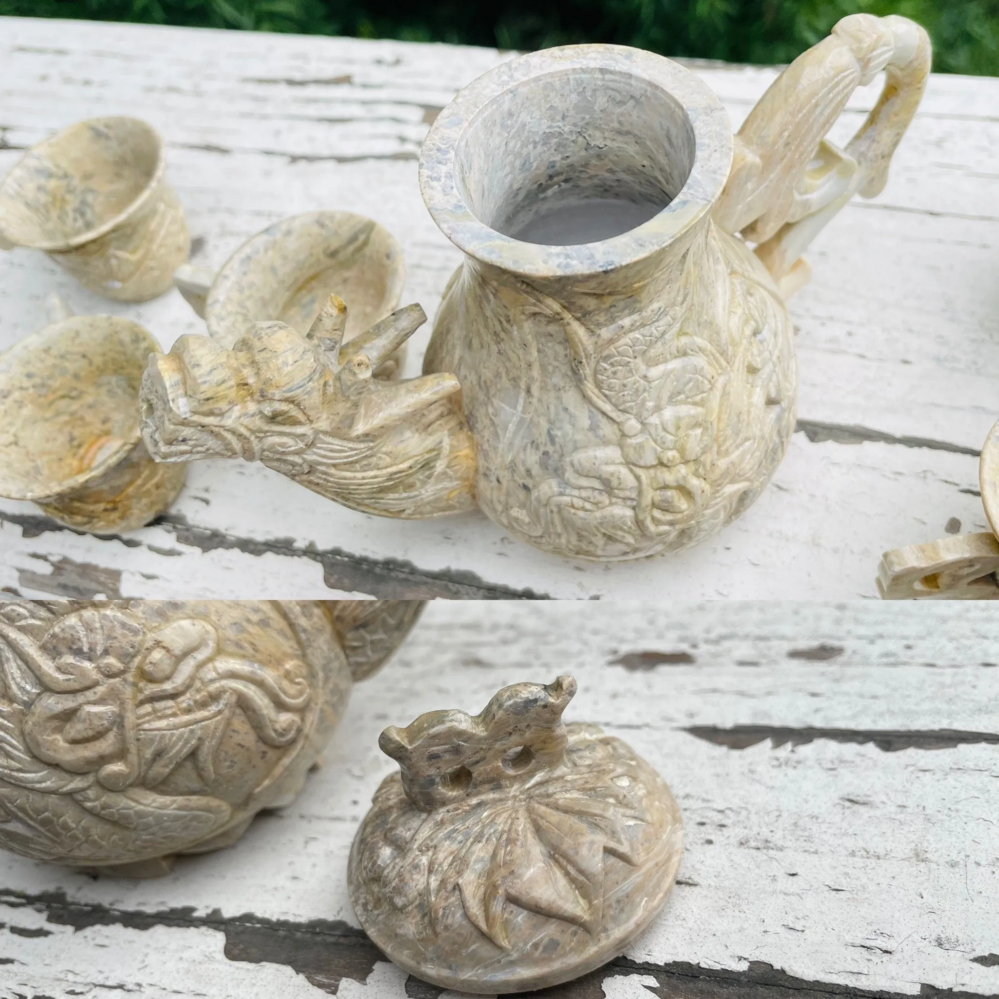 Antique Signed Asian Stone Carved Dragon Mythical Creature Teapot & Teacup Set