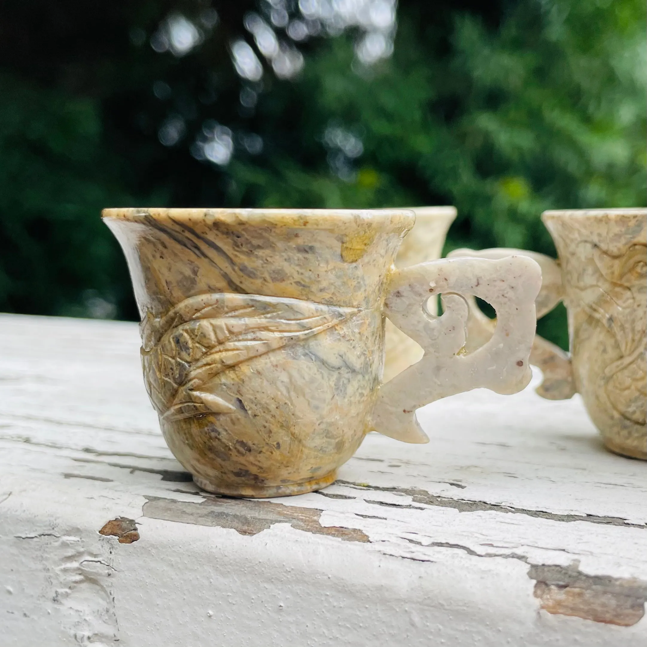 Antique Signed Asian Stone Carved Dragon Mythical Creature Teapot & Teacup Set