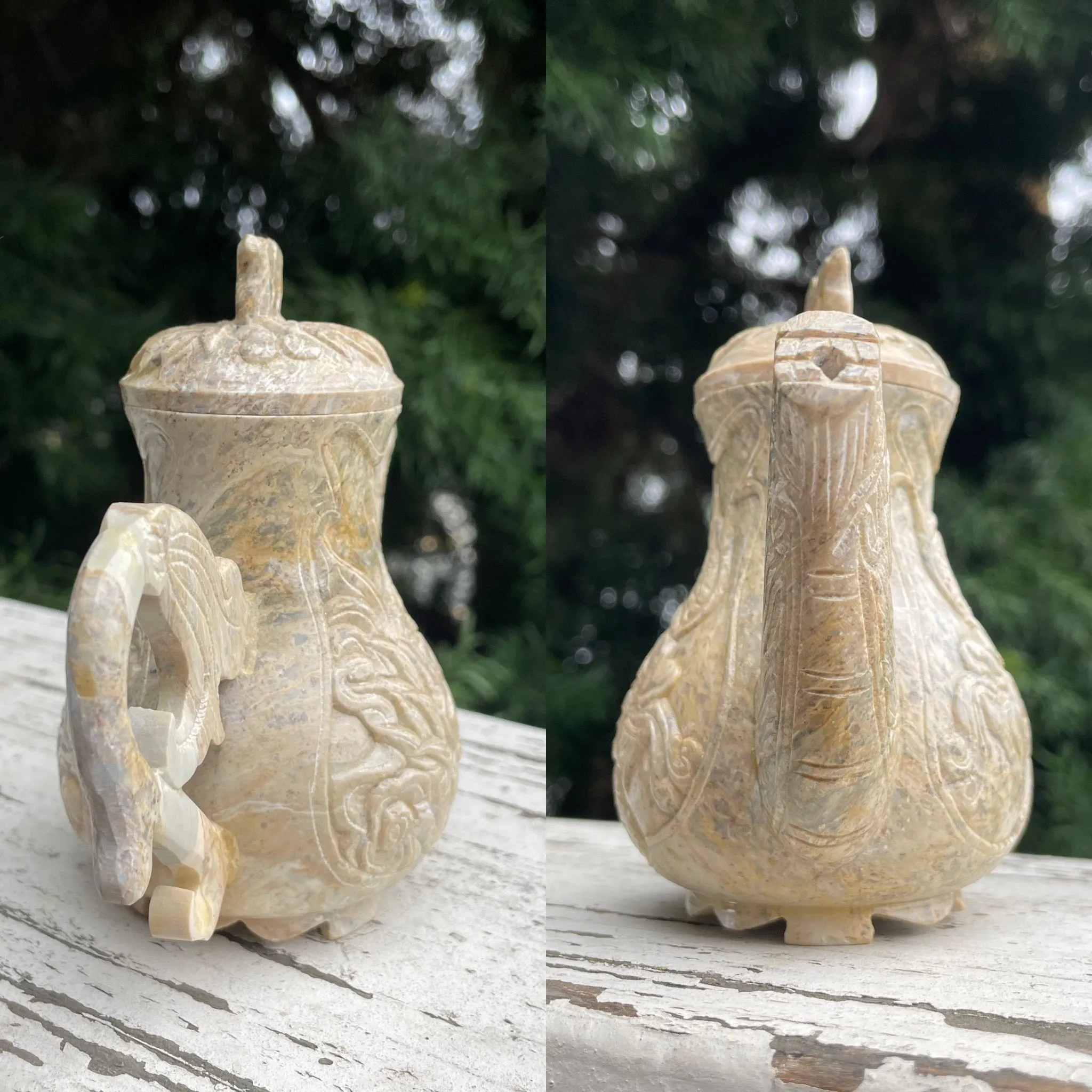 Antique Signed Asian Stone Carved Dragon Mythical Creature Teapot & Teacup Set