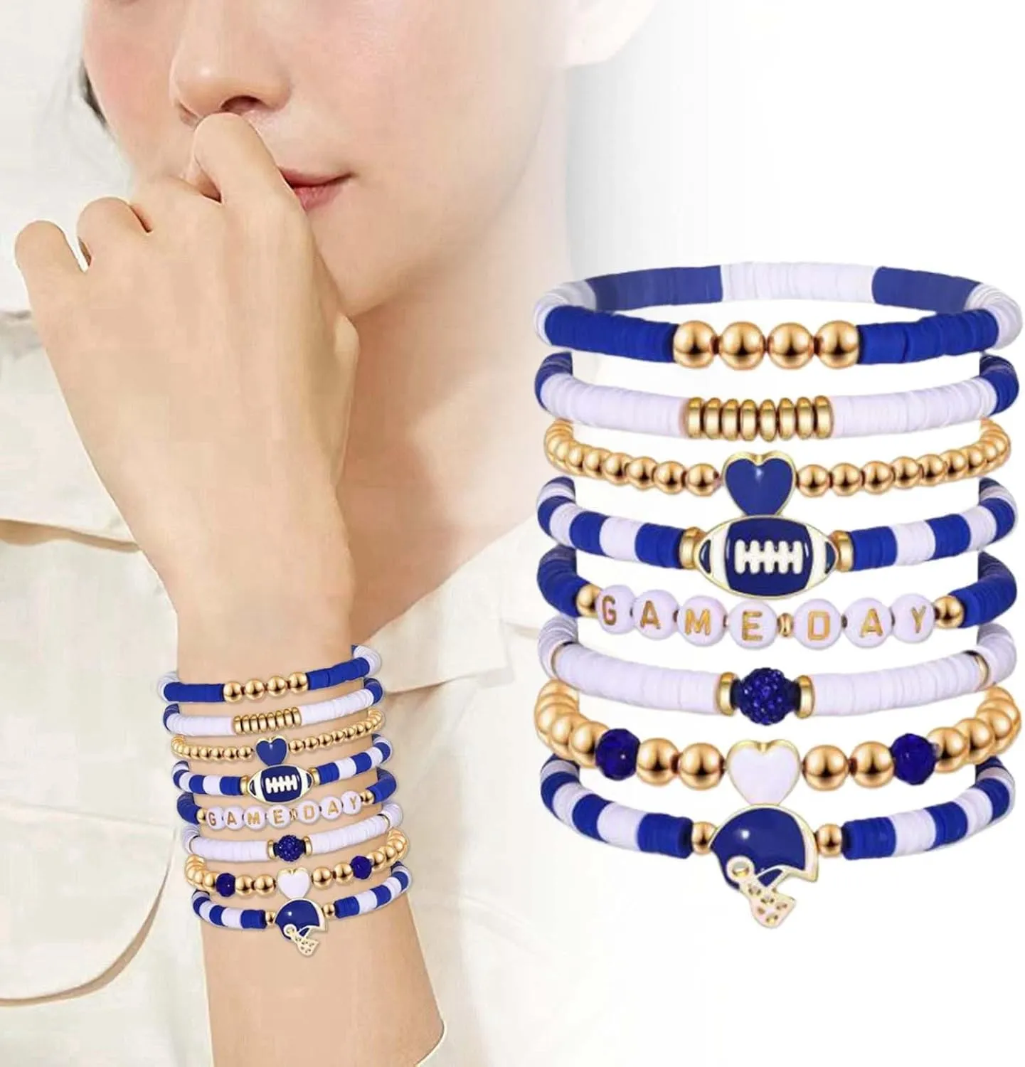 Bangle Bracelets for Women Game Day Bracelets for Women Football Bracelets Red Black Blue Clay Beaded Stretch Bracelets Stackable Sports Football Charm Bracelet Bangles Accessories Outfits Jewelry