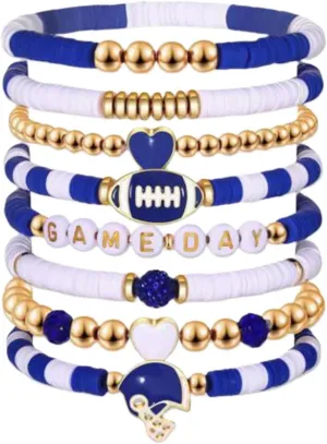 Bangle Bracelets for Women Game Day Bracelets for Women Football Bracelets Red Black Blue Clay Beaded Stretch Bracelets Stackable Sports Football Charm Bracelet Bangles Accessories Outfits Jewelry