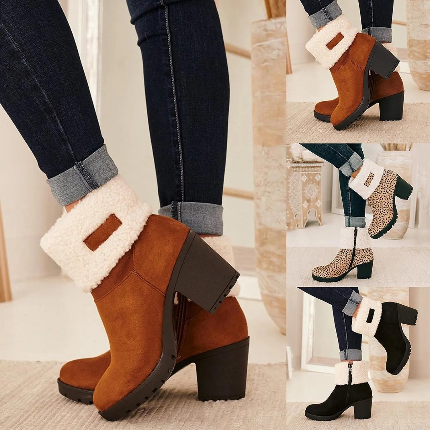 Bcshiye Winter Boots for Women Comfort Slip On Mid Chunky Heel Suede Snow Ankle Boots Warm Fur Lined Outdoor Calf Boots