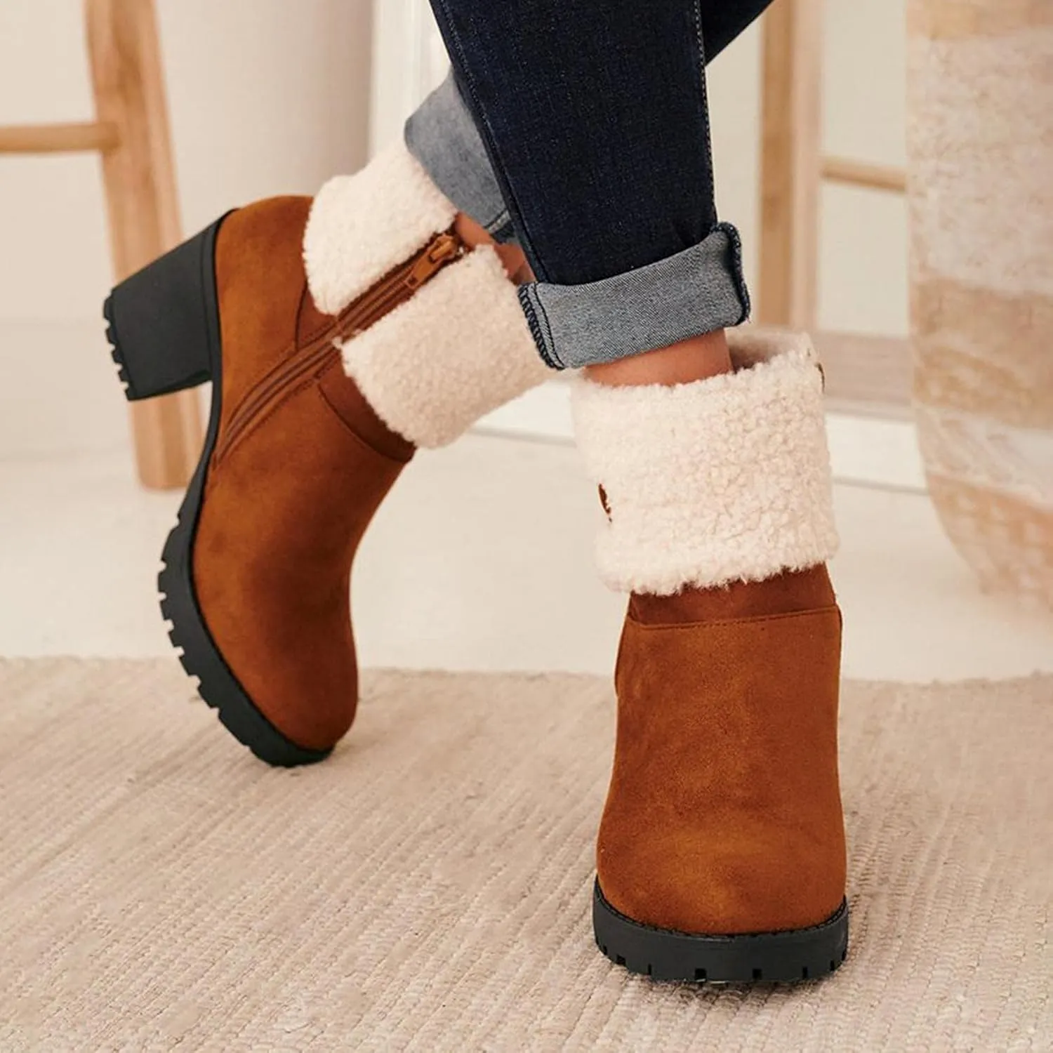 Bcshiye Winter Boots for Women Comfort Slip On Mid Chunky Heel Suede Snow Ankle Boots Warm Fur Lined Outdoor Calf Boots