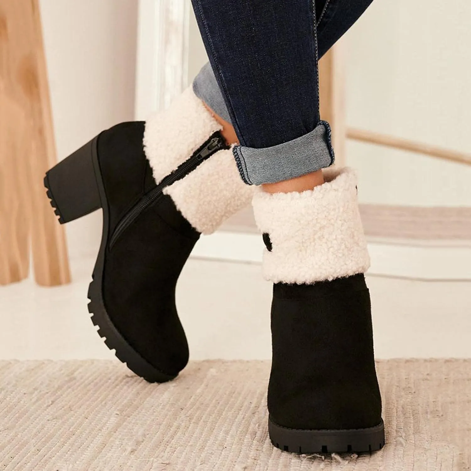 Bcshiye Winter Boots for Women Comfort Slip On Mid Chunky Heel Suede Snow Ankle Boots Warm Fur Lined Outdoor Calf Boots