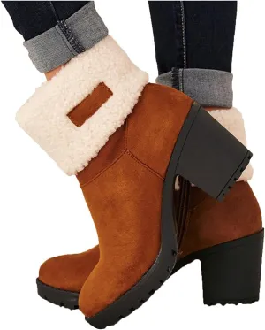 Bcshiye Winter Boots for Women Comfort Slip On Mid Chunky Heel Suede Snow Ankle Boots Warm Fur Lined Outdoor Calf Boots