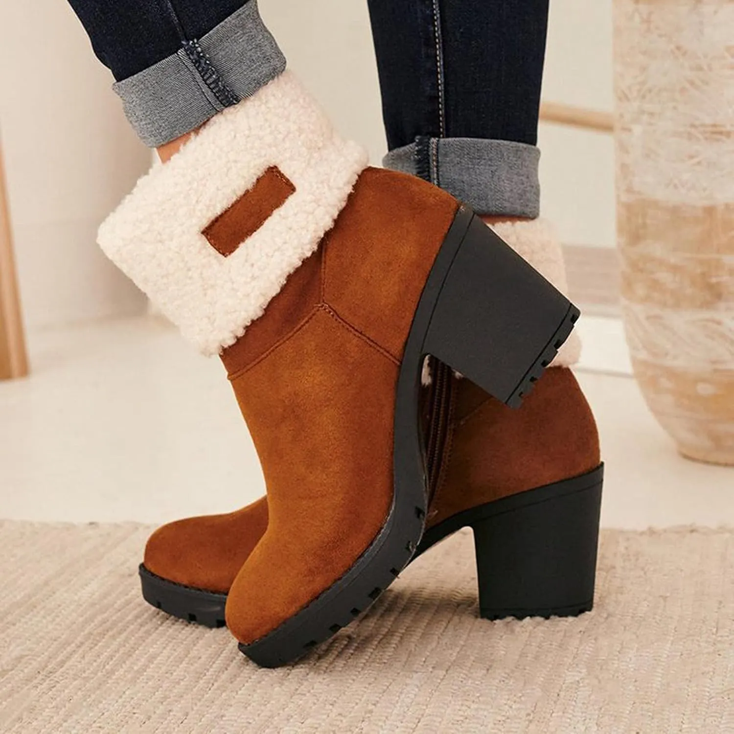 Bcshiye Winter Boots for Women Comfort Slip On Mid Chunky Heel Suede Snow Ankle Boots Warm Fur Lined Outdoor Calf Boots