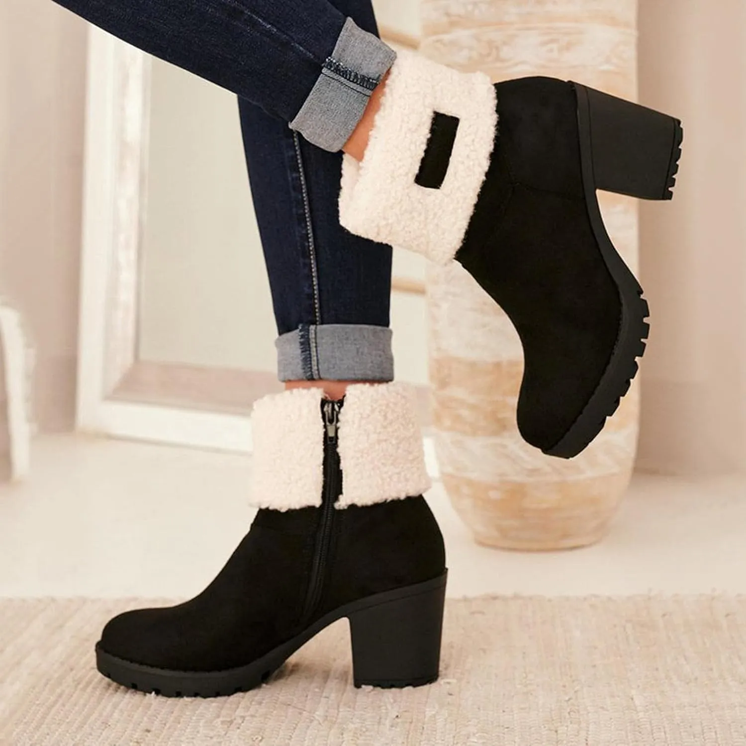 Bcshiye Winter Boots for Women Comfort Slip On Mid Chunky Heel Suede Snow Ankle Boots Warm Fur Lined Outdoor Calf Boots