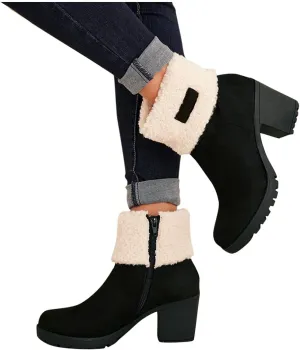Bcshiye Winter Boots for Women Comfort Slip On Mid Chunky Heel Suede Snow Ankle Boots Warm Fur Lined Outdoor Calf Boots