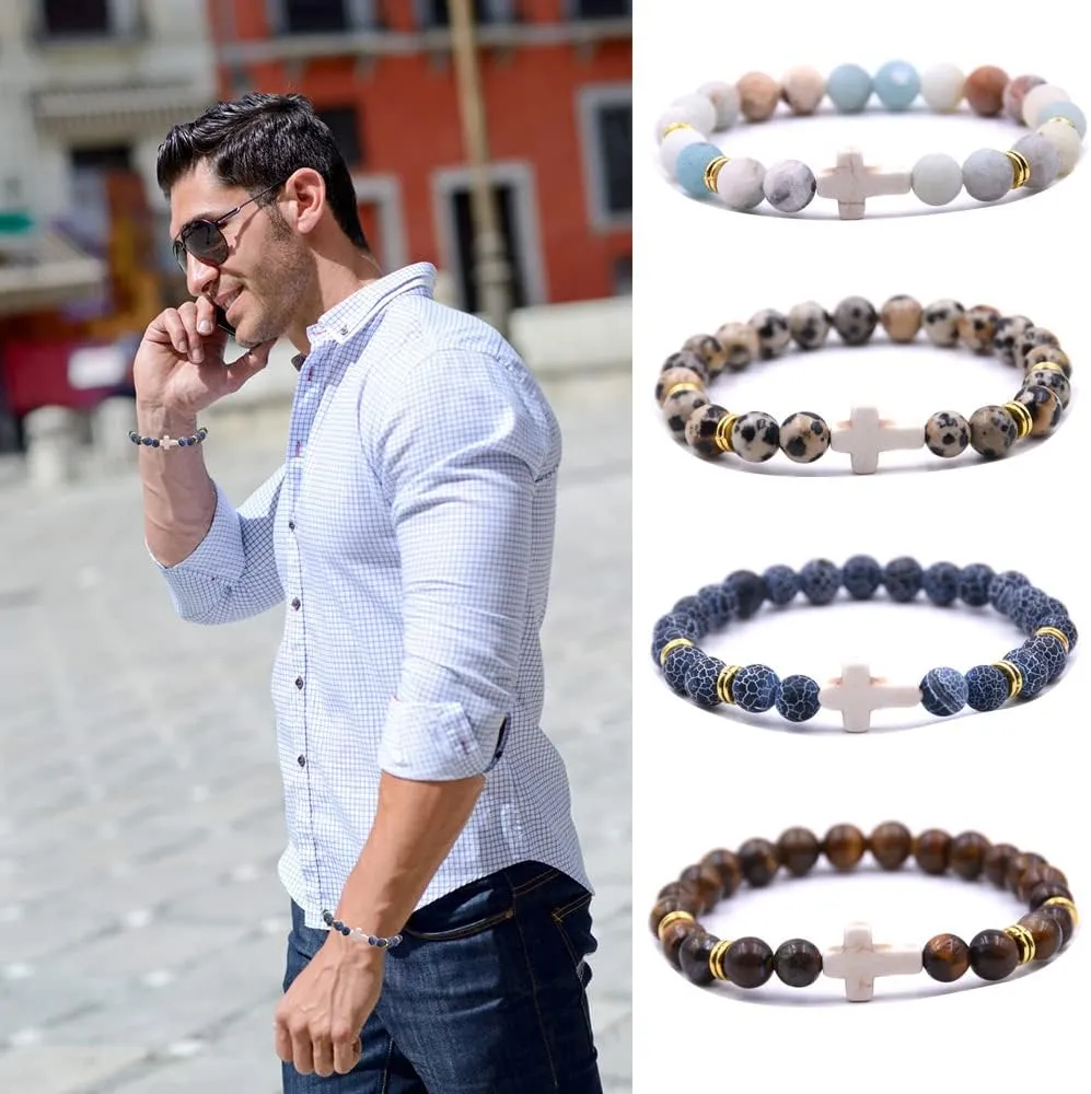 Beaded Bracelets Cross Bracelet for Women Men Lava Rock Turquoise Tiger Eye Natural Bracelet Anxiety Healing