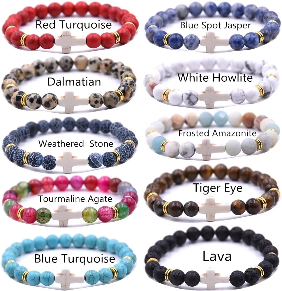 Beaded Bracelets Cross Bracelet for Women Men Lava Rock Turquoise Tiger Eye Natural Bracelet Anxiety Healing