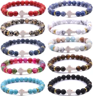 Beaded Bracelets Cross Bracelet for Women Men Lava Rock Turquoise Tiger Eye Natural Bracelet Anxiety Healing