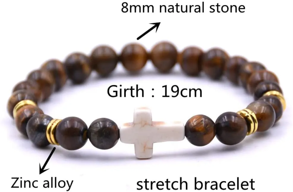Beaded Bracelets Cross Bracelet for Women Men Lava Rock Turquoise Tiger Eye Natural Bracelet Anxiety Healing