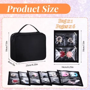 Black Travel Jewelry Organizer Case,Jewelry Bags Jewelry Storage Book Binder with Clear Zipper Velvet Pouch for Traveling,Earrings, Rings, Necklace, Bracelet