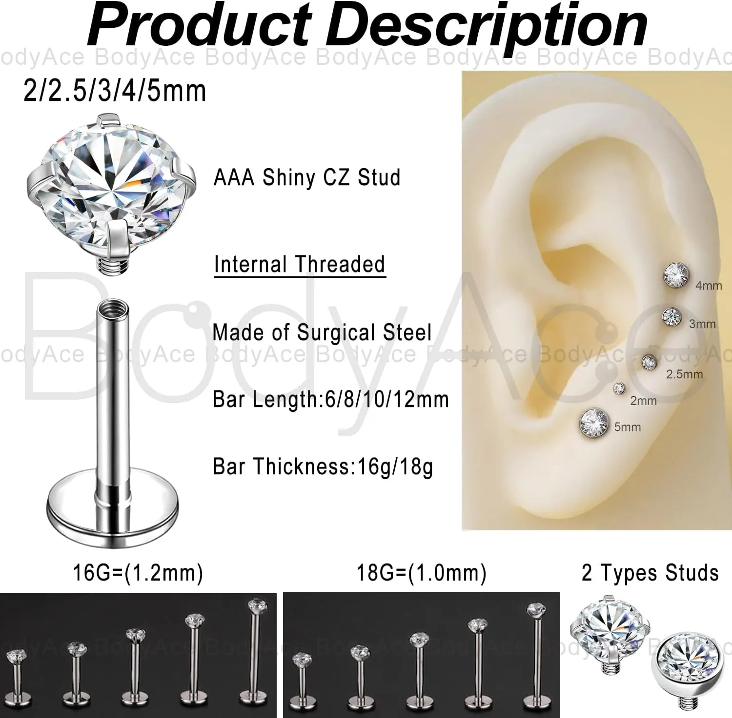 BodyAce 16G 18G Internal Thread Lip Rings, Surgical Steel Labret Studs Flat Back Earrings, CZ Nose Rings Studs Piercing Jewelry for Medusa/Monroe/Tragus/Helix/Cartilage