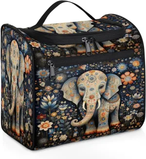 Bohemian Elephant Flowers Hanging Toiletry Bag for Women Men Large Capacity Makeup Bag Waterproof Cosmetic Bag Portable Travel Makeup Organizer with Multi Compartments