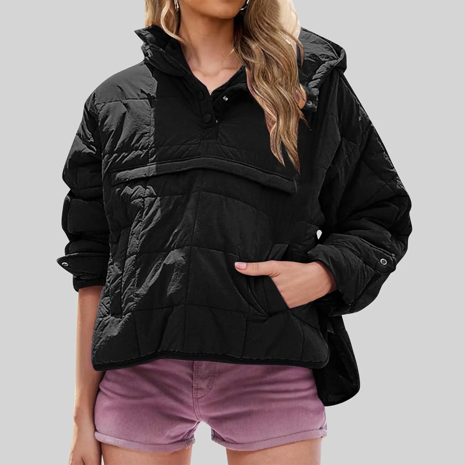 Borniu Women's Quilted Pullover Puffer Jacket Packable Hooded Oversize Winter Coat Tops Lightweight Down Jacket Outerwear